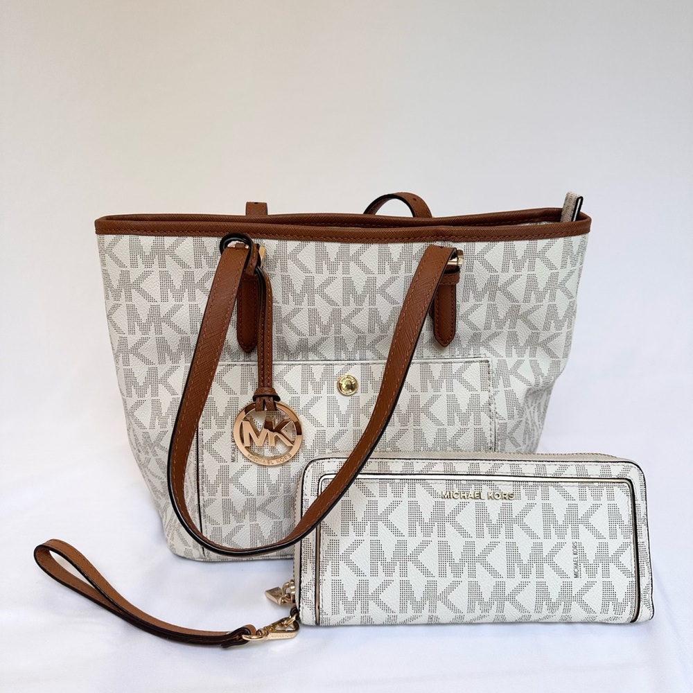 Michael Kors Cream and Brown Tote with Wallet